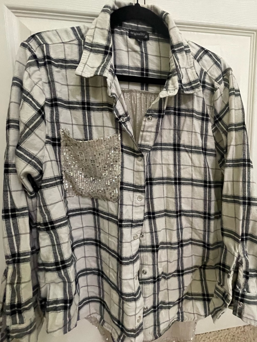 White & Black Plaid Shirt with Sequin Pocket and sequin back. Very sparkly!